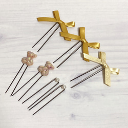 【Uピン】テディベアとリボンとパールの髪飾りブラウン 2枚目の画像