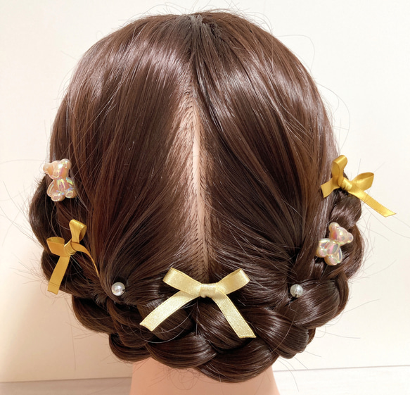 【Uピン】テディベアとリボンとパールの髪飾りブラウン 1枚目の画像