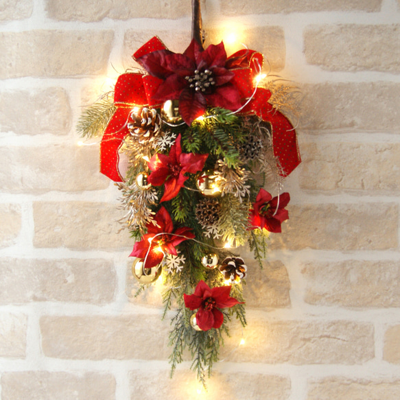 LED電飾付き　クリスマススワッグ　赤ポインセチア　アーティフィシャルフラワー2022 2枚目の画像
