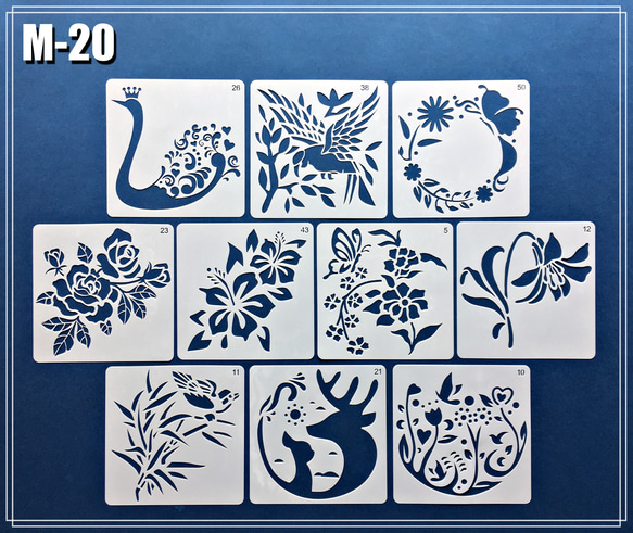 M-20】 ステンシルシート 10枚 セット 蝶 花 鳥 編み図・パターン Re