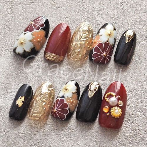 ネイルチップ サイズオーダー 袴 卒業式 花 和装 結婚式 手描き 振袖 成人式 58d4c86527c9b03ff62aa8d5abc0ae