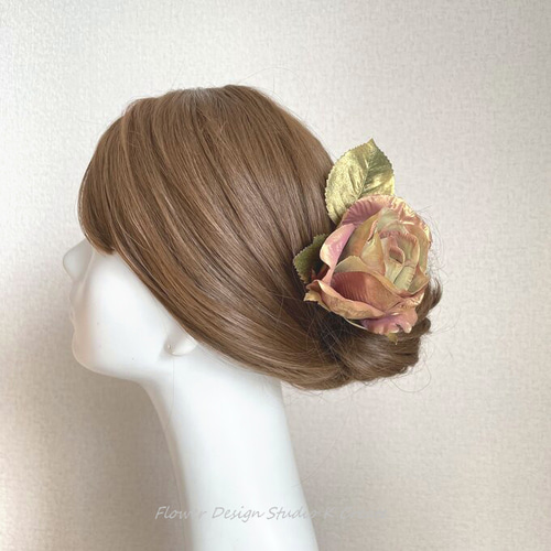 アンティークゴールドの薔薇と葉っぱの髪飾り ゴールド フローレス