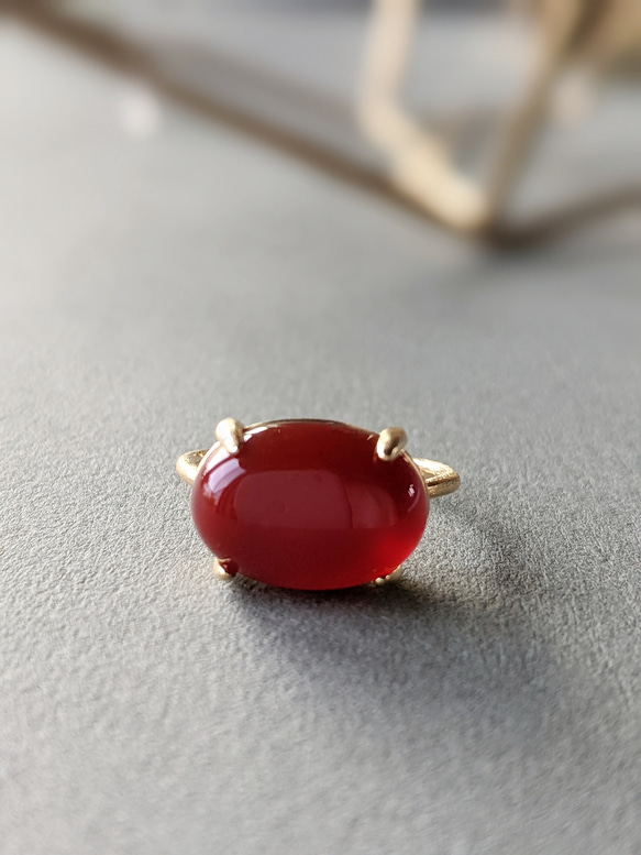 18Kgp Red agate oval stone ring レッドアゲート極大粒14×10mm玉 SV925可刻印入 1枚目の画像