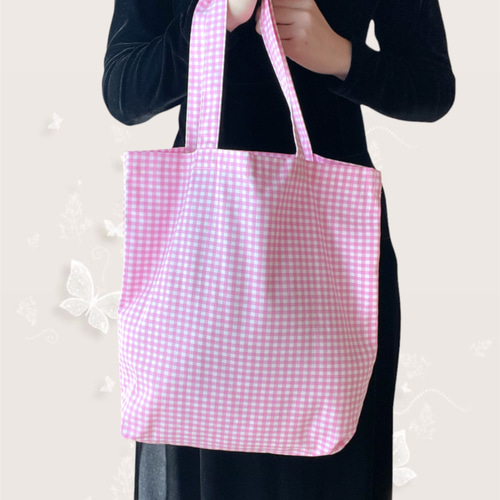 WHITE × PINK CHECK　 リボントートバッグ