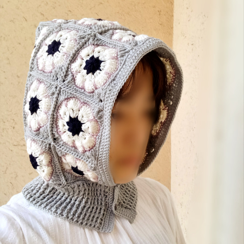 手編み帽子　手編みバラクラバ　手編みフード付きネックウォーマー バラクラバ ブラック 手編み フード付きネックウォーマー 男女