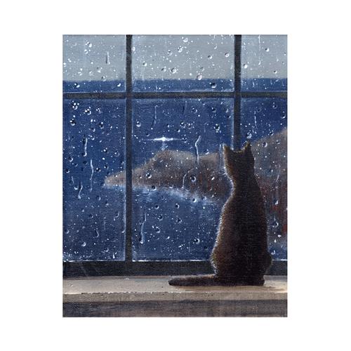 風景画【雨の日、灯台を見つめるネコ】＃原画 ＃アート ＃絵画 F3号