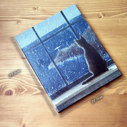 風景画【雨の日、灯台を見つめるネコ】＃原画 ＃アート ＃絵画 F3号