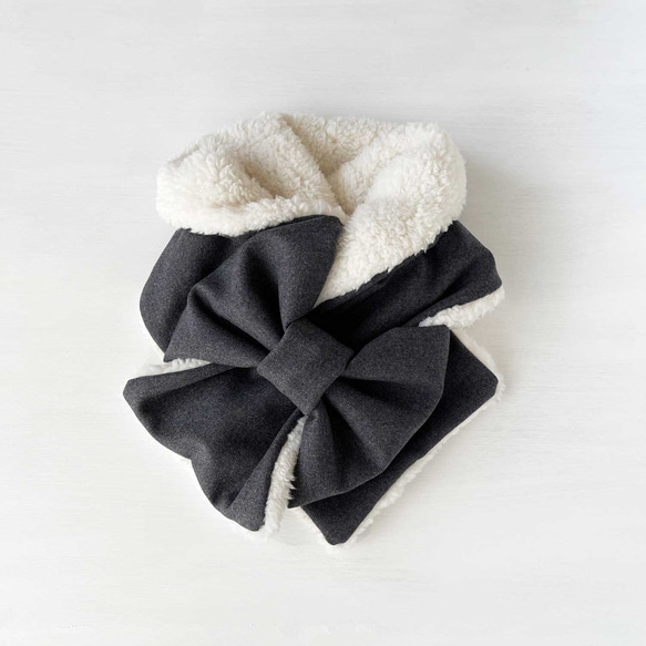Soft♪ 緞帶圍巾 | 羊毛（深灰色）x 毛（白色）/ 2023 秋冬 第1張的照片