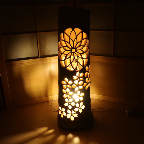 竹灯り・竹あかり・竹灯籠    繊細・両面彫り～～ 癒しの灯り★太陽の印★～～ 竹灯り・竹あかり・竹灯籠 繊細・両面彫り～～ 癒しの灯り☆太陽の印