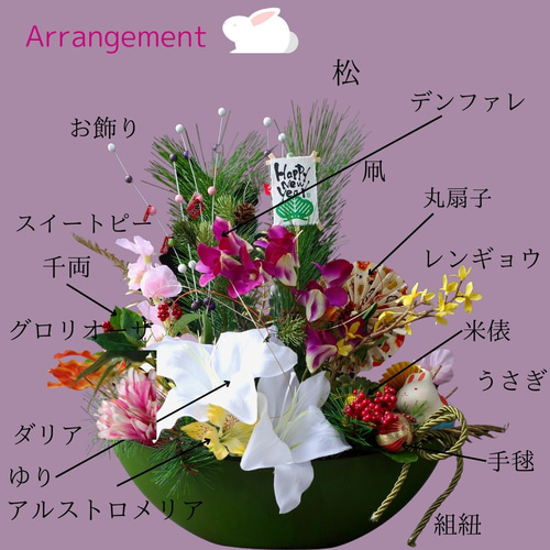 ゆりとうさぎのお正月アレンジ 送料無料 大きめアレンジ 卯年 新年飾り