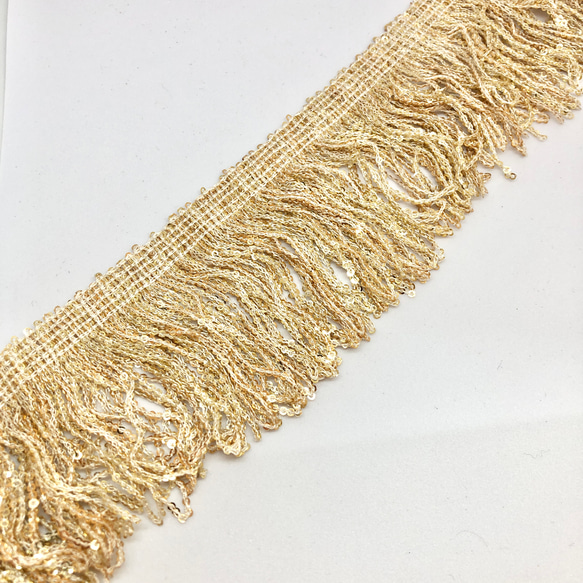 50cm単位】ベージュゴールドフリンジ インド刺繍リボンハンドメイド