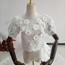 上品  魅惑の花レース 編み上げ ロビスチェボレロ +ふっくら柔らかなバックリボンオーバースカート華やかなトレーン 3枚目の画像