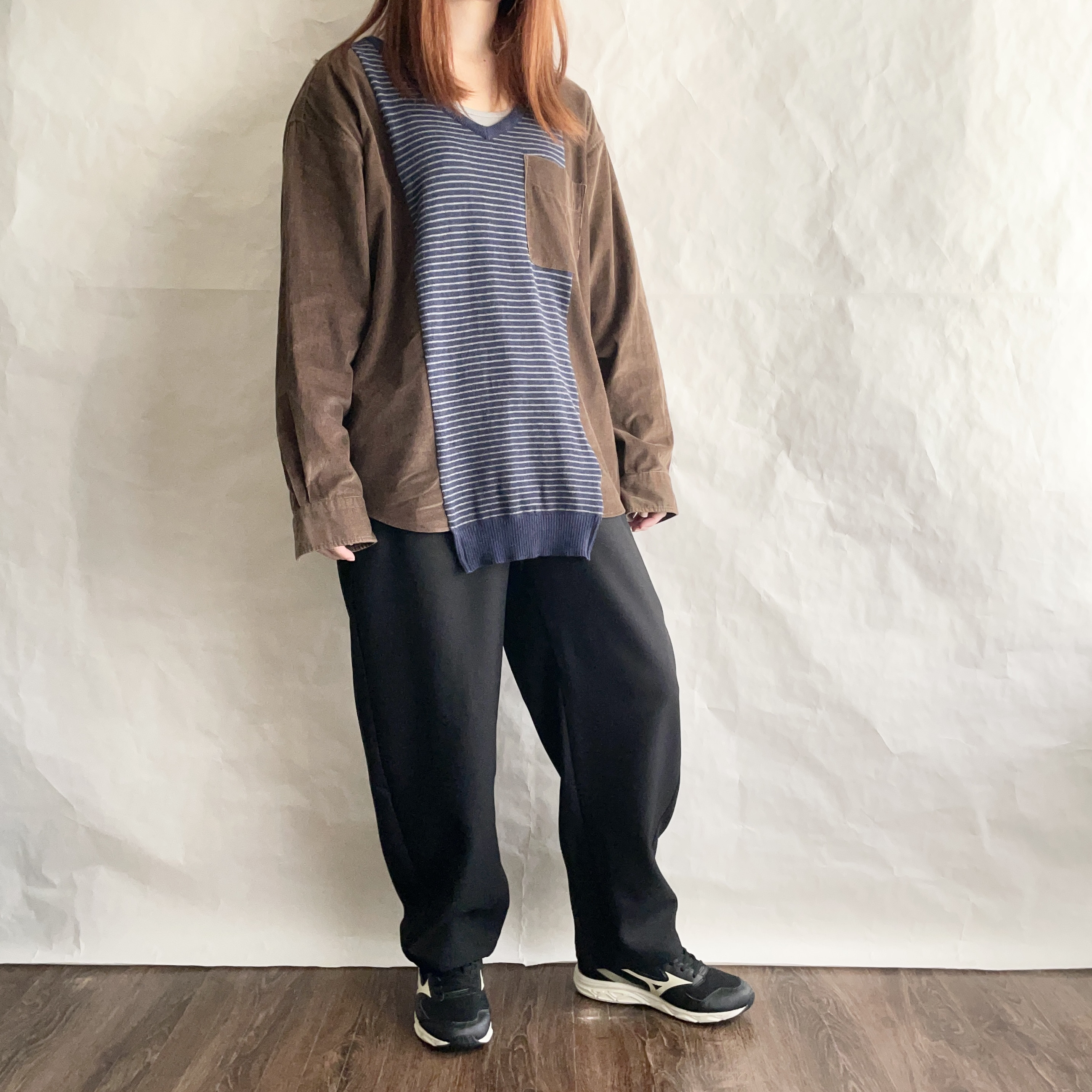 ［リメイク］シャツニットプルオーバー   ネイビー×ブラウン　　　R-PO 5-2