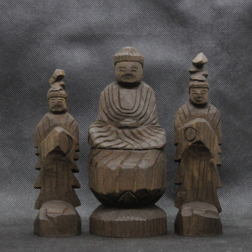 仏像 円空仏 木彫 薬師三尊(14/16/14cmcm 着色 yn3zon3505) 彫刻
