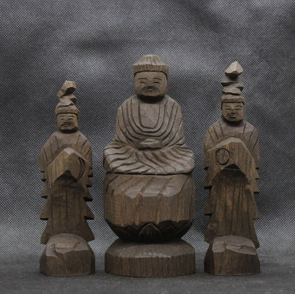 仏像 円空仏 木彫 薬師三尊(14/16/14cmcm 着色 yn3zon3505) 彫刻