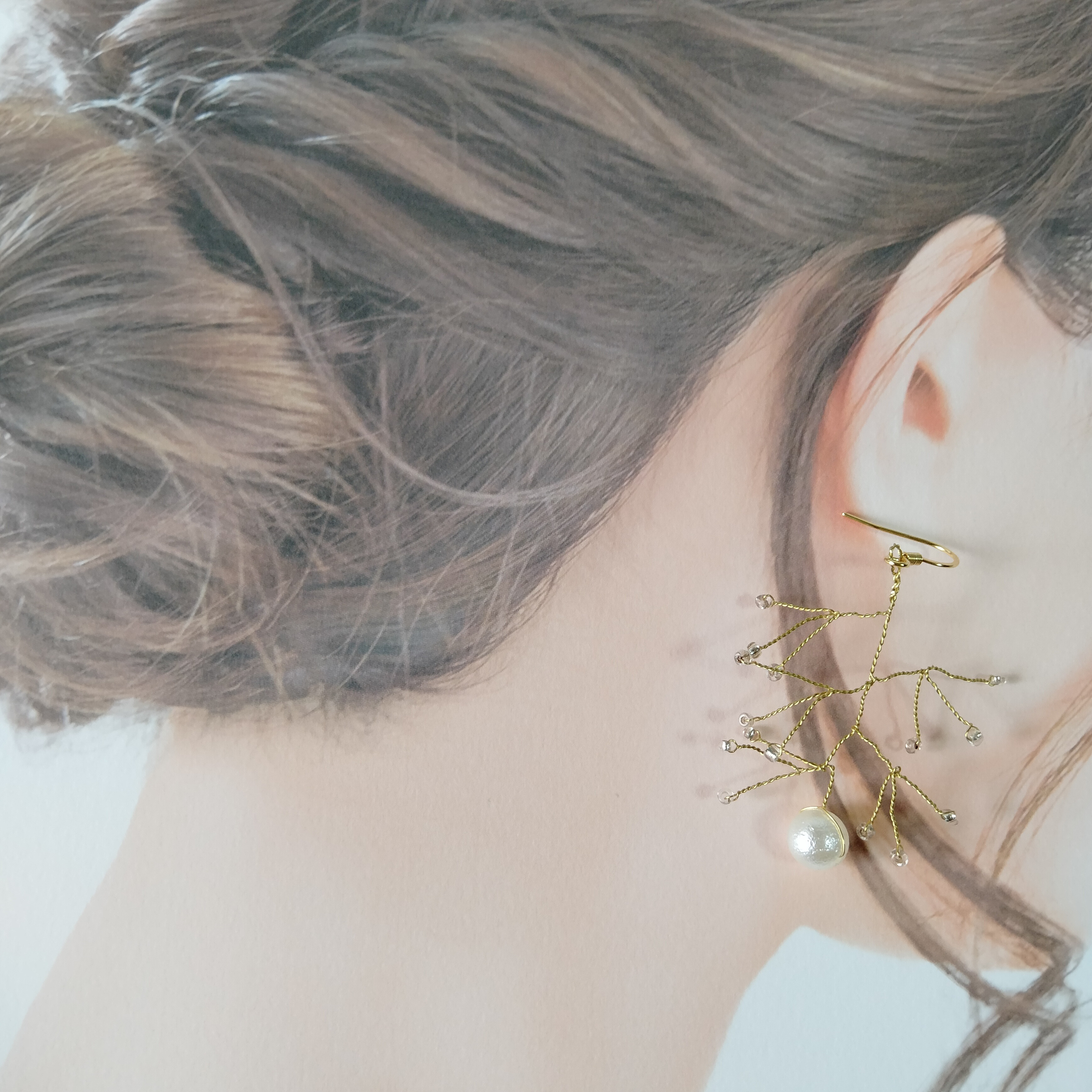 大粒 3連 クリスマス♡パール入ワイヤーボールのキラキラドロップピアス／イヤリング パール 結婚式 レディース ｜ イヤリング ドロップ イヤリング・ノンホールピアス