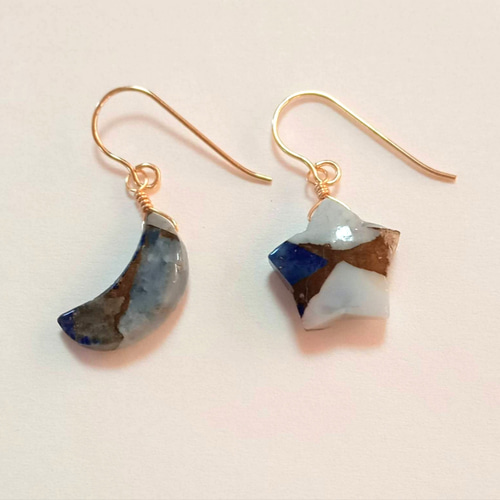 14kgf 月と星シリーズ ブルーオパールラピスラズリコッパー ピアス  