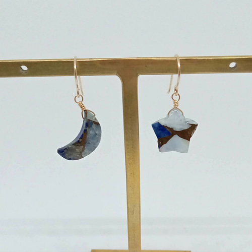 14kgf 月と星シリーズ ブルーオパールラピスラズリコッパー ピアス  