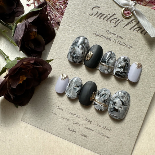 245》黒 白 ミラーネイル マット 量産型 ネイルチップ マーブル グレー