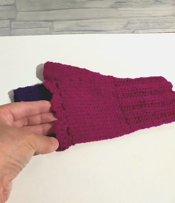 ハンドウォーマー　紫色　ウール100%　編み物　手編み　レース編み　① 6枚目の画像