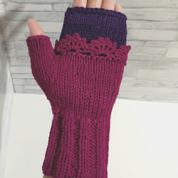 ハンドウォーマー　紫色　ウール100%　編み物　手編み　レース編み　① 5枚目の画像