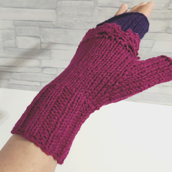 ハンドウォーマー　紫色　ウール100%　編み物　手編み　レース編み　① 3枚目の画像