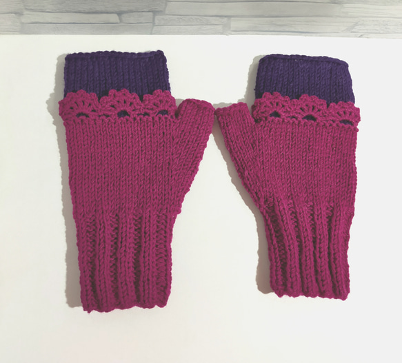 ハンドウォーマー　紫色　ウール100%　編み物　手編み　レース編み　① 8枚目の画像