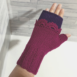ハンドウォーマー　紫色　ウール100%　編み物　手編み　レース編み　① 1枚目の画像