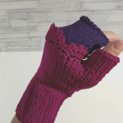 ハンドウォーマー　紫色　ウール100%　編み物　手編み　レース編み　① 2枚目の画像