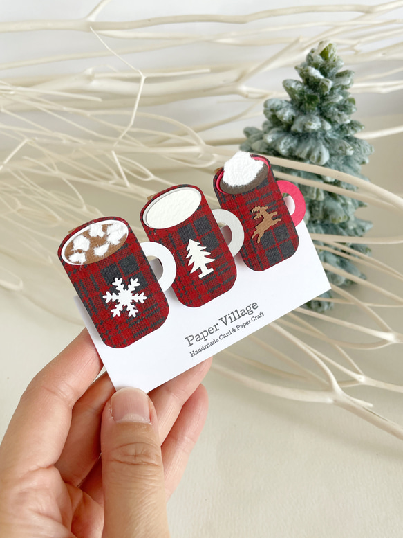 クリスマスラッピング マグカップのウッドピンチ 3本入り/ 赤チェック