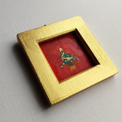 小さな絵画「クリスマスツリー」原画・油彩・壁掛け・独立スタンド付き 1枚目の画像