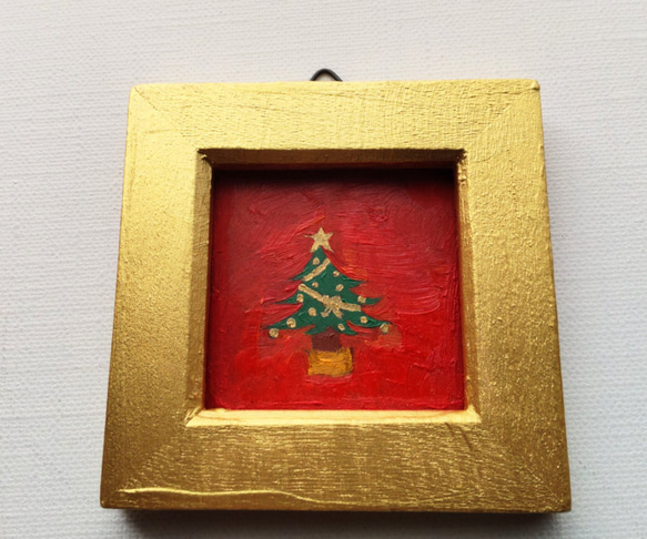 小さな絵画「クリスマスツリー」原画・油彩・壁掛け・独立スタンド付き 3枚目の画像