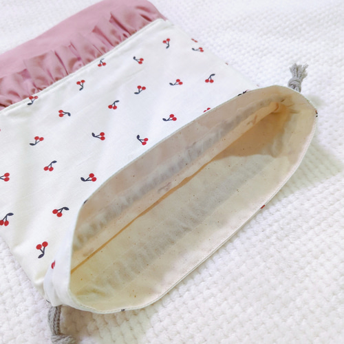 【受注製作】フリル　巾着　コップ袋　チェリー　さくらんぼ 受注製作】フリル 巾着 コップ袋 チェリー さくらんぼ その他入園