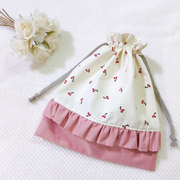 【受注製作】フリル　巾着　コップ袋　チェリー　さくらんぼ 受注製作】フリル巾着コップ袋チェリーさくらんぼ