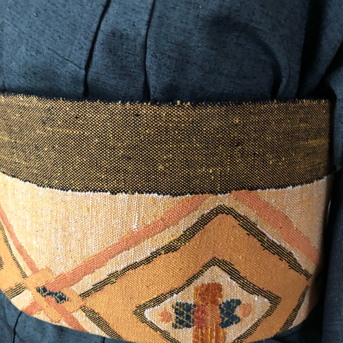 正絹 真綿紬名古屋帯 パンプキンオレンジの菱形抽象柄 和装小物