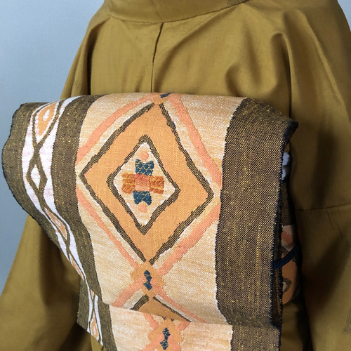 正絹 真綿紬名古屋帯 パンプキンオレンジの菱形抽象柄 和装小物