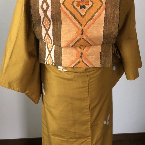 正絹 真綿紬名古屋帯 パンプキンオレンジの菱形抽象柄 和装小物（帯