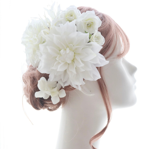 ヘッドドレス 髪飾り 白 ダリア ローズ 薔薇 バラ ネリネ ウエディング