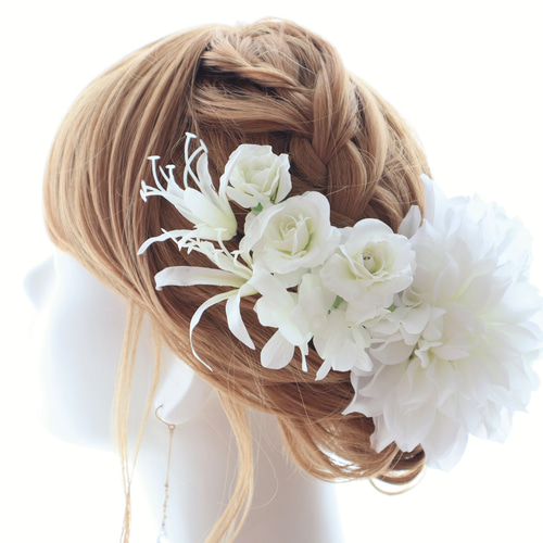 ヘッドドレス 髪飾り 白 ダリア ローズ 薔薇 バラ ネリネ ウエディング 