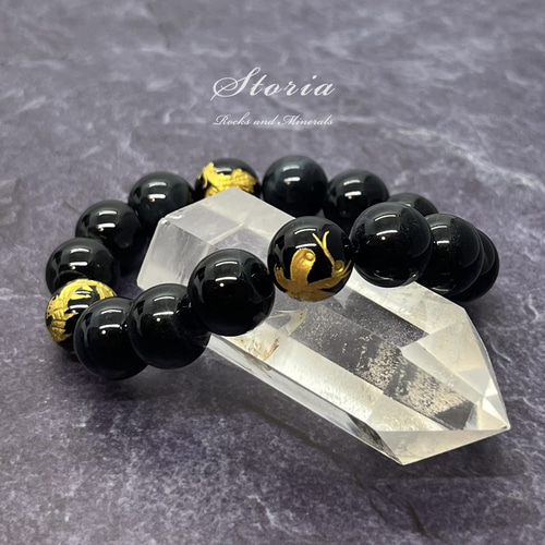 12mm ブルータイガーアイ（虎目石）×四神相応 金彫刻オニキス
