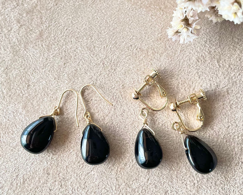 モリオン(黒水晶)チェーンピアス【マーキスカット】[K18使用