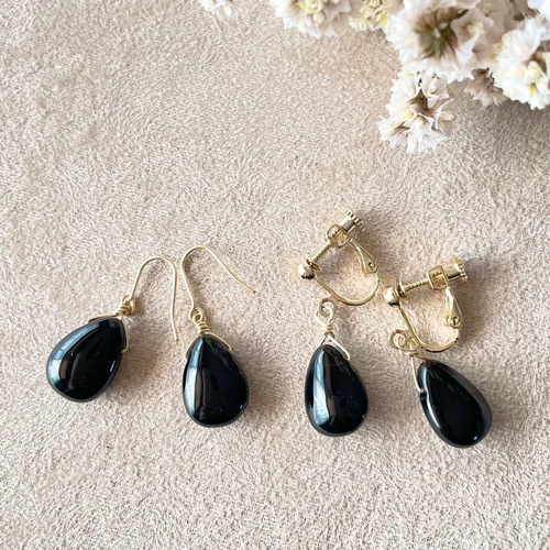 日本未入荷 漆黒の一粒ピアス・イヤリング＊モリオン(黒水晶)AAA＊金属 イヤリング・ノンホールピアス