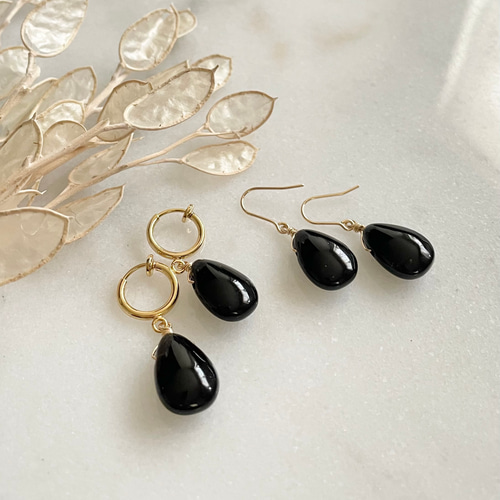 漆黒の一粒ピアス・イヤリング＊モリオン(黒水晶)AAA＊金属アレルギー