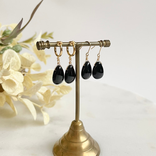 漆黒の一粒ピアス・イヤリング＊モリオン(黒水晶)AAA＊金属