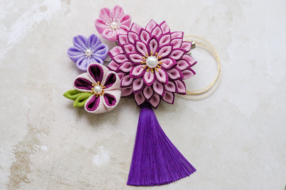 つまみ細工吊るし雛　髪飾り付き　　ピンク紫 つまみ細工【 紫×ピンク】髪飾り 七五三 成人式 卒業式 その他ヘア