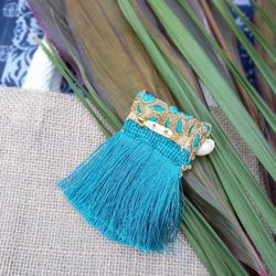 ハワイアン風ブローチ(ターコイズブルー色・フラガール風・バッグチャーム・珊瑚・貝殻・トロピカル・インド刺繍リボン) 5枚目の画像