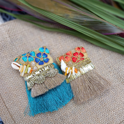 ハワイアン風ブローチ(ターコイズブルー色・フラガール風・バッグチャーム・珊瑚・貝殻・トロピカル・インド刺繍リボン) 7枚目の画像