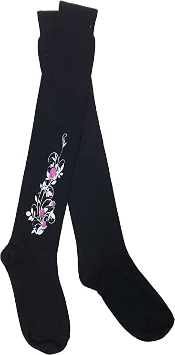 送料無料　日本製ハイソックス 綿100％ 消臭抗菌靴下　ピンクローズ　黒 4枚目の画像