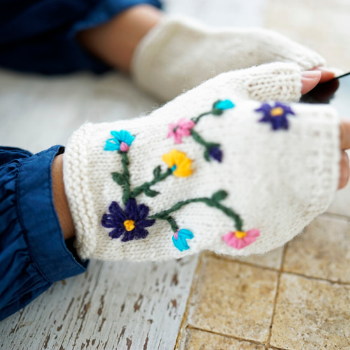 即納可】ウール・花刺繍手袋（NP-4022）・ペルーニット 手袋