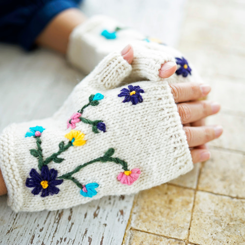 即納可】ウール・花刺繍手袋（NP-4022）・ペルーニット 手袋